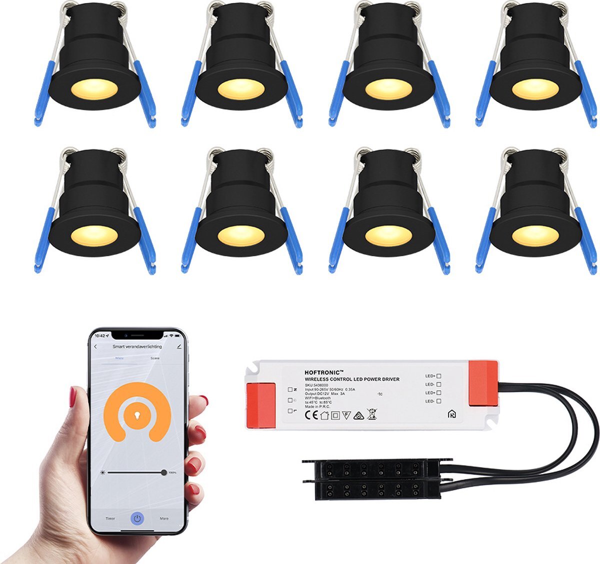 HOFTRONIC SMART 8x Milano zwarte Smart LED Inbouwspots complete set - Wifi & Bluetooth - 12V - 3 Watt - 2700K warm wit - Veranda verlichting - Voor binnen en buiten