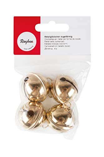 Rayher Set van vier metalen klokken voor knutselen, kaarten maken en seizoensdecoraties, kleine jingle belletjes voor het maken van kransen, goud, diameter 29 mm, 2503406