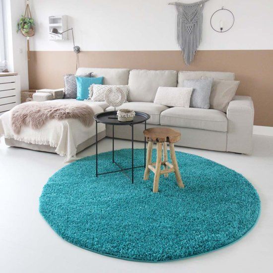 Tapeso Hoogpolig Vloerkleed Shaggy Trend Effen Rond 200 cm rond Turquoise - Blauw - Polypropyleen