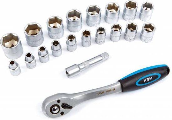 HBM 3/8" Professionele Ratel inclusief 18 doppen en verlengstuk