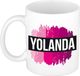 Bellatio Decorations Yolanda naam cadeau koffie mok - beker - met roze verfstrepen - Cadeau collega - moederdag - verjaardag - juf - coach - 300 ml - wit