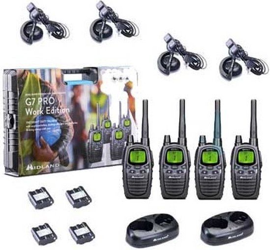 Midland G7 Pro 4-pack PMR446 portofoons met headsets en dubbele lader