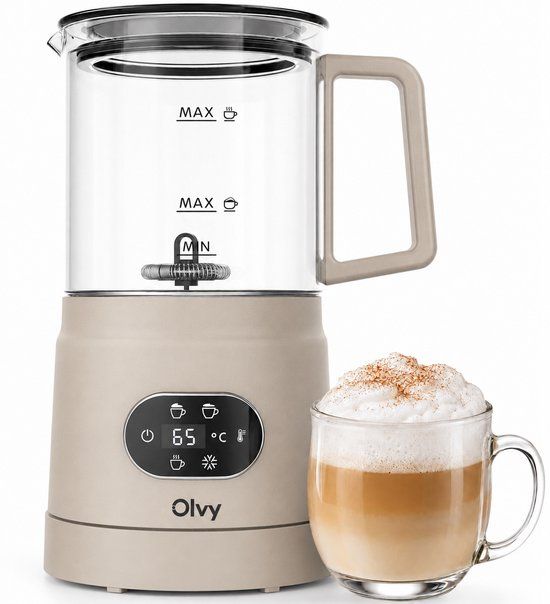 Olvy Melkopschuimer Glas - Elektrische Melkopschuimer 500W - 4-in-1 - Warm & Koud Schuim - 160 ml Melkschuim - 400 ml Warme Melk - Temperatuurdisplay - BPA & PFAS Vrij - Beige