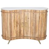 DRW Consoletafel voor de entree, kast met 2 houten deuren, marmeren plaat en metalen poten in naturel, wit en goud, 112 x 41 x 84 cm