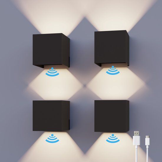 Calex Oplaadbare Wandlamp Kubus - 4 Stuks - Up & Down Tuinverlichting - Modern Design - Warm Wit Licht - Voor Binnen en Buiten - Waterdicht - Eenvoudige Installatie - Draadloos - USB-C Oplaadbaar - Bewegingssensor - Zwart