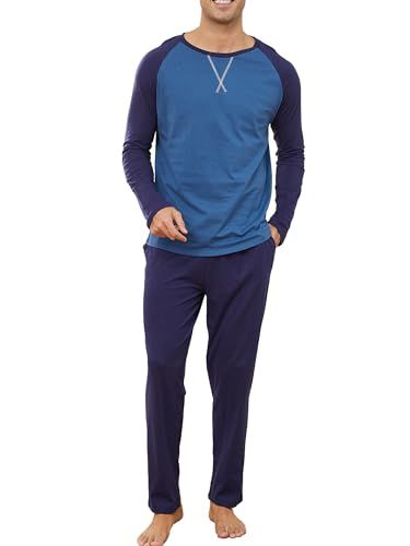 Reliwel Lange herenpyjama van katoen, tweedelig, lange mouwen en pyjamabroek met zakken, licht, zacht, Blauw