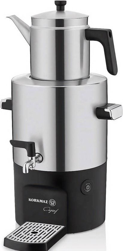 Kurkmaz Korkmaz Çayşef Inox - Theepot - Turkse Theepot - Satin Samovar - 7L - Zwart/Zilver
