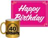 Bellatio Decorations Verjaardag cadeau koffiemok thema 40 jaar - voor een vrouw - gefeliciteerd - met knalroze Happy Birthday wenskaart - A5 formaat