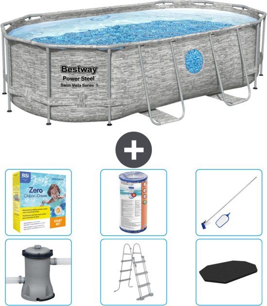 Bestway Ovaal Power Steel Swim Vista Zwembad - Steenprint - 427 x 250 x 100 - Inclusief Pomp - Ladder - Afdekzeil Onderhoudspakket - Filter - Schoonmaakset