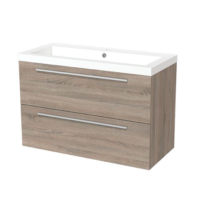 Maxaro Badkamermeubel 100cm Modulo Eiken 2 Lades Vlak Wastafel Mineraalmarmer