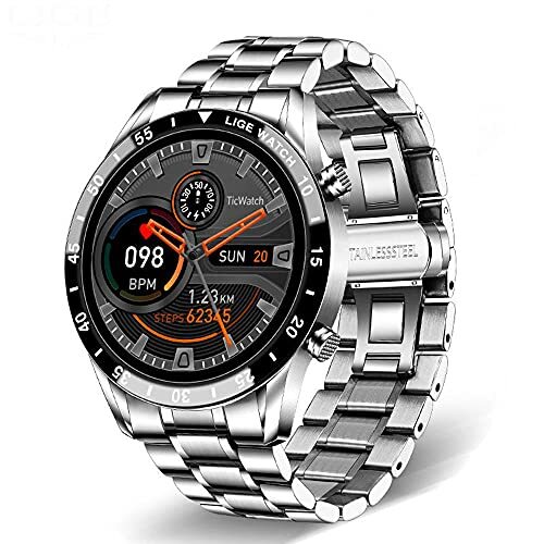 KDFJ Smart Watch, 2021-horloges, Touchscreen Fitness Tracker, Activity Tracker Stappenteller, Hartslag Slaapmonitor, Waterdichte Smartwatch voor iOS Android-Stalen riem zilver