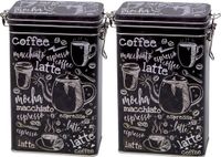 Merkloos The Box Blikken Koffieblik/bewaarblik - 2x - zwart - cafe print - 19 cm - rechthoekig