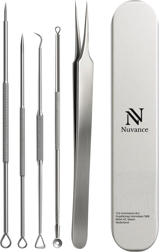Nuvance Blackhead Remover Set - 5 Stuks - Roestvrij Staal - Comedonenlepel - Zilver