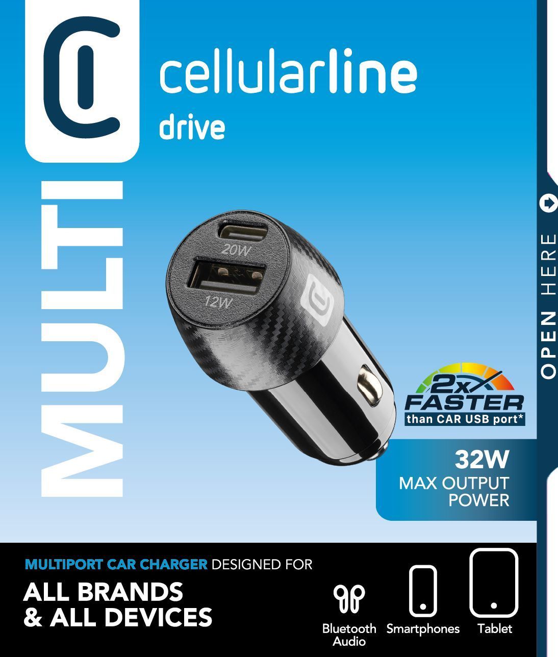 Cellularline Car Multipower 2 FAST+ - 32W USB-C & USB-A - Black
