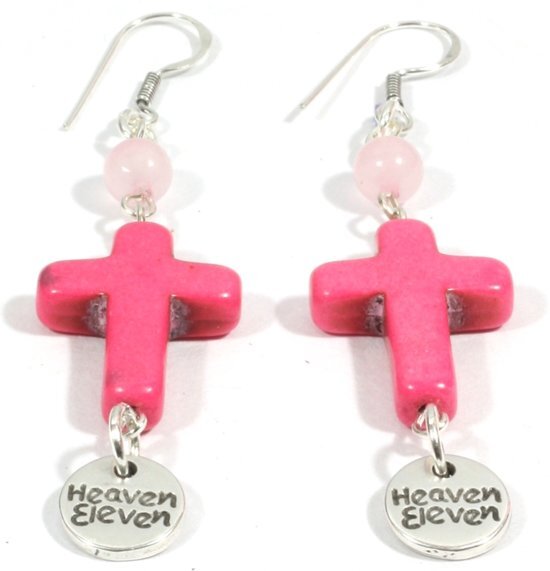 Heaven Eleven dames Oorbel met pink big kruisje