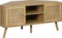 sweeek - Hoek-tv-meubel in houtdecor en rotan, 2 deuren, 1 plank, 115 cm