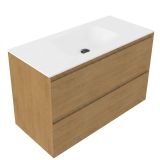 Saniclass Holz Pure Meuble de salle de bain - 100x45x61.5cm - Lavabo blanc Flow Solid Surface - 1 vasque - sans trou de robinetterie - 2 tiroirs - chêne mat naturel (bois) SW1420787/SW1224149