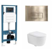 QeramiQ Dely Swirl Toiletset - inbouwreservoir Qeramiq Flush - 35mm zitting - metaal messing geborstelde bedieningsplaat - rechthoekige knoppen - mat wit