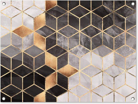 GreatGardenPosters Tuinposter - 80x60 cm - Kubus - Goud - Abstract - Tuinposter voor buiten