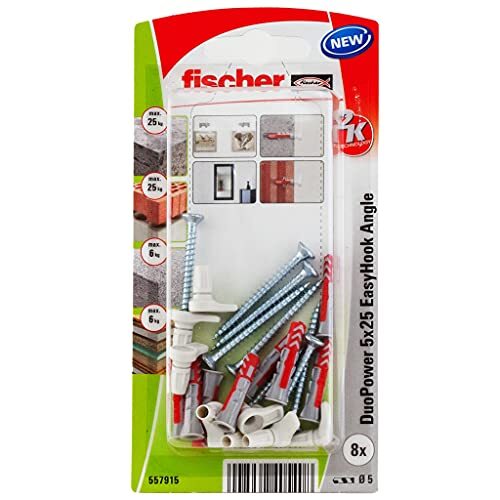 Fischer - EasyHook Alcayata DuoPower 5x25 wandpluggen, pluggen en schroeven, ophangen van lampen, Pac 8 stuks