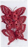 Merkloos Kerstboomversiering Vlinder - 6 stuks - 14 cm - rood glitter - op clip