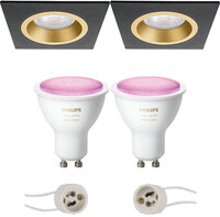 BES LED Pragmi Rodos Pro - Inbouw Vierkant - Mat Zwart/Goud - 93mm - Philips Hue - LED Spot Set GU10 - White and Color Ambiance - Bluetooth