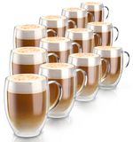Arendo thermosbekers, set van 12, met handvat, dubbelwandig, 350 ml, koffiekopjes van borosilicaatglas, geschikt voor latte macchiato en cappuccino, magnetronbestendig, 12 stuks, transparant
