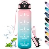 Grsta Drinkfles, 1 liter, fitnessdrinkfles met rietje, motiverende drinkfles met tijdschaal, drinkfles met tijdschema's, gemakkelijk te reinigen, drinkfles voor sport, wandelen, fietsen