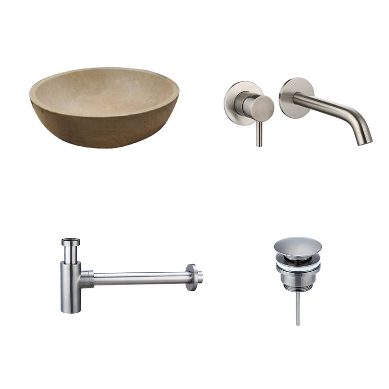 Badkamerplanet Natuurstenen Waskomset Beige Marmer Rond Gun Metal Inbouwkraan 38x38x12 cm
