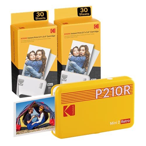 Kodak P210R Mini 2-fotoprinter voor smartphone, 6 cartridges inbegrepen, 54x86mm-formaat snapshots, draadloos, draagbaar en compatibel met iOS en Android, Geel