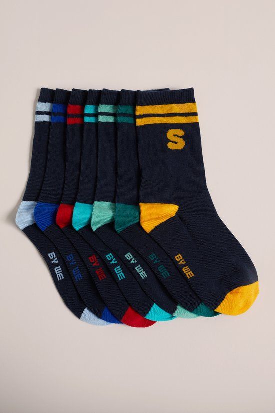WE Fashion Jongens sokken, 7-pack, maat 27-30, Navy blue, Gestreept