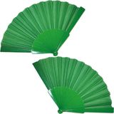 Funny Fashion Handwaaier/spaanse waaier - 2x stuks - groen - polyester - Verkoeling in de zomer - 41 x 22 cm