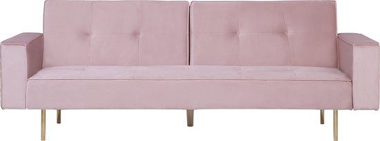 Beliani VISNES 3-zits Slaapbank - Roze Fluweel - Design