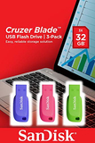 SanDisk Cruzer Blade USB 2.0 Flash Drive - 32GB (3-Pack) - Blue, Green, Pink