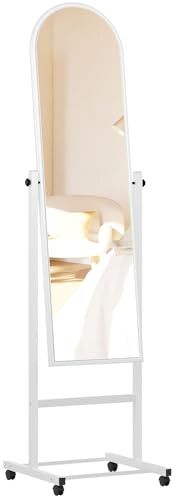 CLP Evoir Staande spiegel met wieltjes, spiegel in volledige lengte met metalen frame, staande spiegel kantelbaar en 360 graden draaibaar, kleur: wit