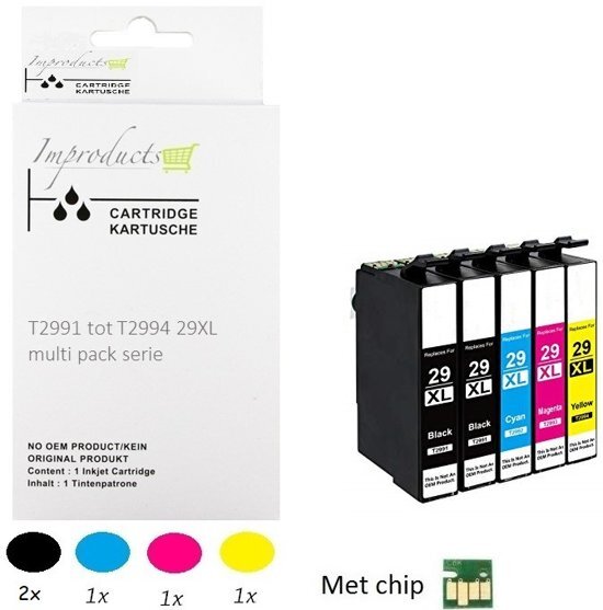 Improducts Â® Huismerk Inktcartridge Alternatief Epson 29XL multipack, 5 pack (2x T2991 zwart, 1x T2992 Cyaan, 1x T2993 Magenta, 1x T2994 Geel) Met Chip
