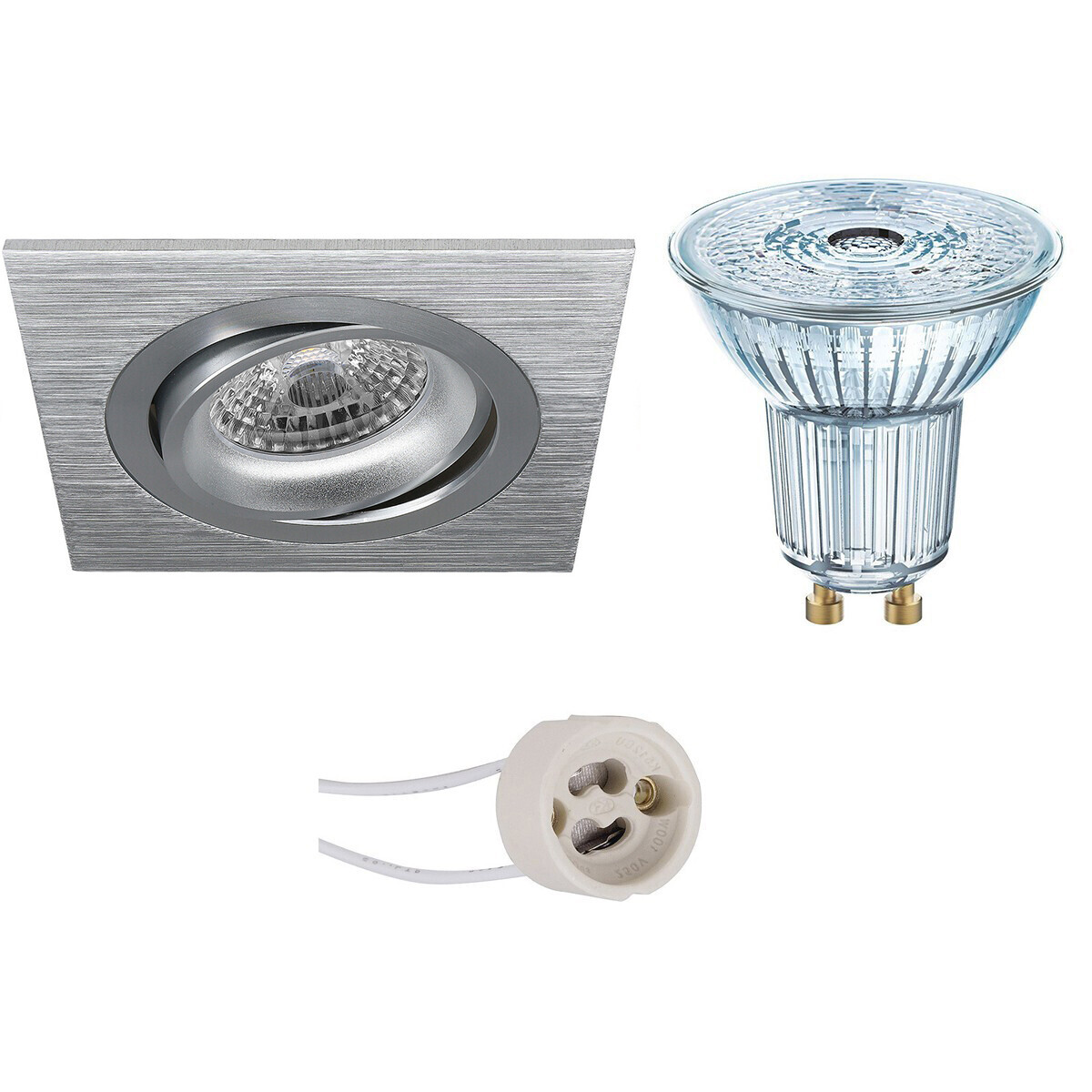 Osram - LED Spot Set - Parathom PAR16 930 36D - Pragmi Borny Pro - GU10 Fitting - Dimbaar - Inbouw Vierkant - Mat Zilver - 3.7W - Warm Wit 3000K - Kantelbaar - 92mm