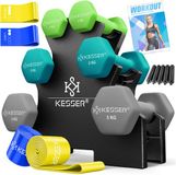KESSER® Dumbbells Set 3 Pairs (2x 1, 2 & 5kg) = 18 kg total | 6x Dumbbells Adjustable Suitable for Fitness Zumba & Aerobics | Dumbbells Weights Set with Stand | Dumbbell Set with Exercise Booklet, 2x Fitness Bands