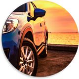Merkloos / Sans marque Dibond Muurcirkel - Geparkeerde Auto Zonsondergang - 50x50 cm