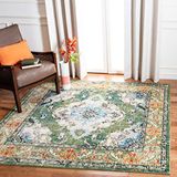 SAFAVIEH Monaco Collection MNC243F tapijt, boho-chic-medaillon, used-look, pluisvrij, voor woonkamer, slaapkamer, vierkant, 1,5 x 1,5 m, bosgroen/lichtblauw