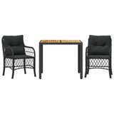 VidaXL 3-delige Bistroset met kussens, zwart, polyrotan