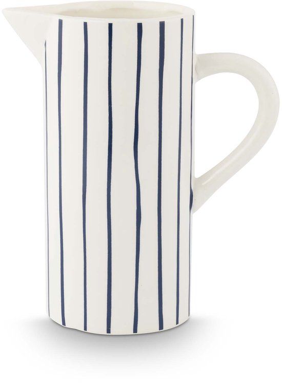 vtwonen Waterkan met Oor - Gestreept - Keramiek - Wit - 20.5x12.5x25cm
