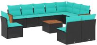 vidaXL 11-delige tuinbankset met kussens, zwart polyrotan
