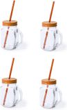 Merkloos / Sans marque Makito Western Europe Mason Jar drinkbekers - 4x stuks - glas - dop oranje met rietje - 500 ml - afsluitbaar - fruit shakes