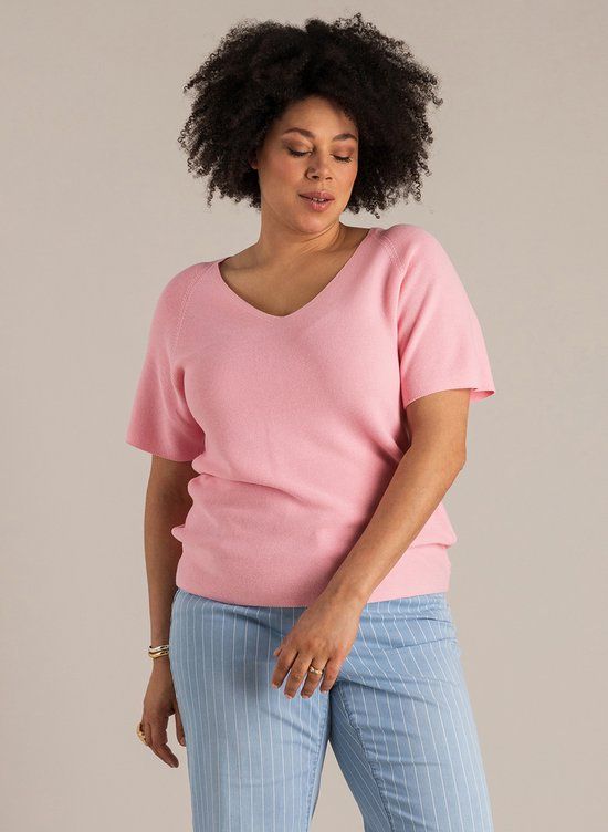 Yest Curve trui Nadiney V-hals Korte mouw Katoen 100% Loose Fit Vrouwen 5XL Bright Pink