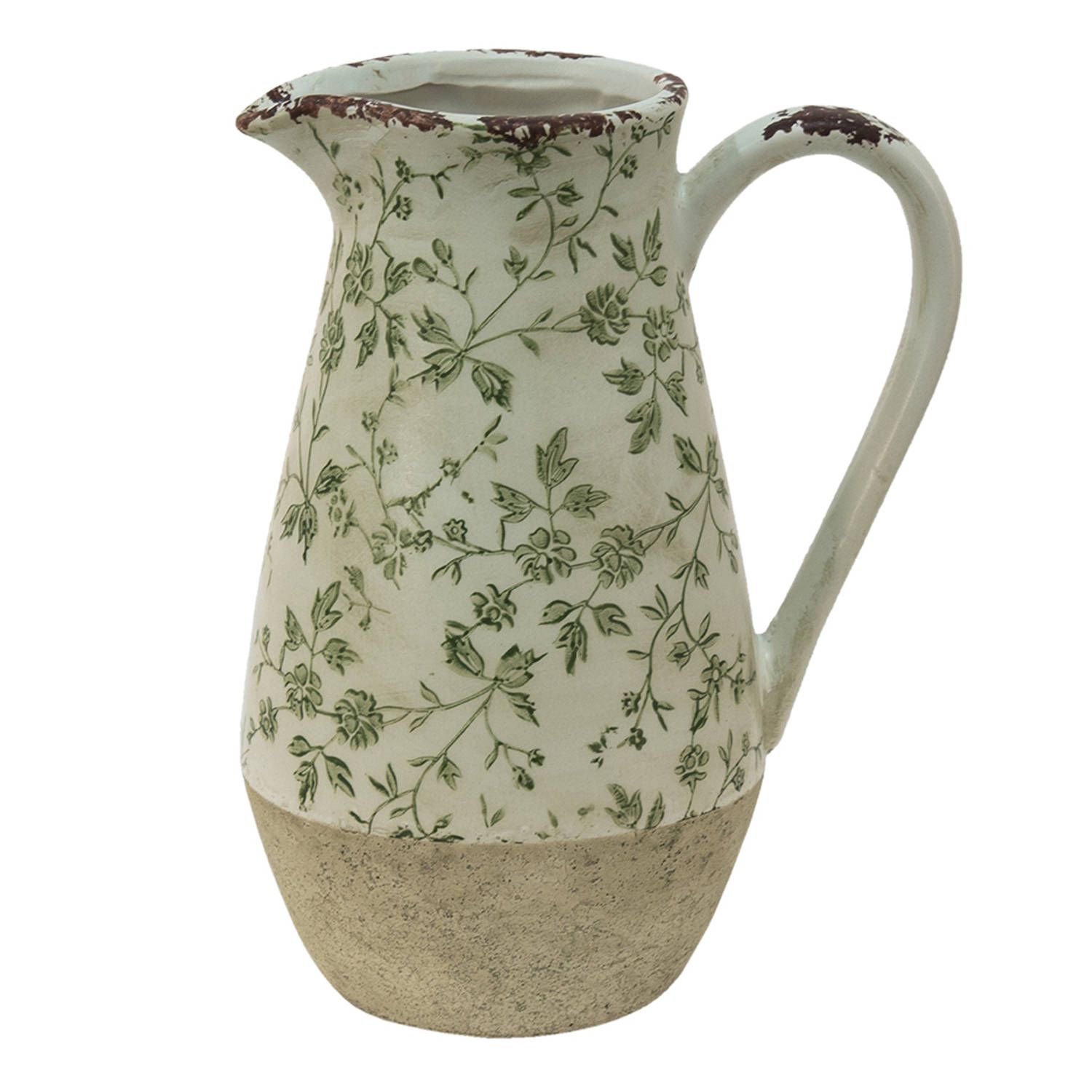 Clayre & Eef decoratieve kan 20*14*25 cm groen keramiek bloemen waterkan schenkkan