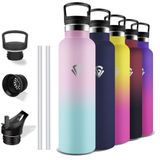 Grsta Thermosfles, 1 liter, BPA-vrij, sportfles met rietje, lekvrij, roestvrijstalen waterfles, houdt 12 uur warm / 24 uur koud, voor camping, yoga