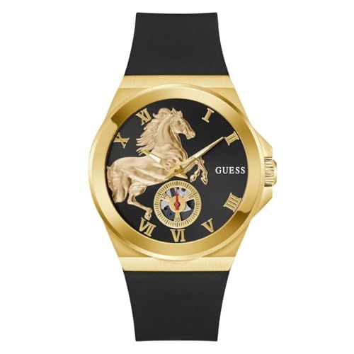 Guess Heren polshorloge vinyl, zwarte siliconen armband, mineraal glas, zwarte wijzerplaat, 3 bar, diameter behuizing: 44 mm, GW0979G1