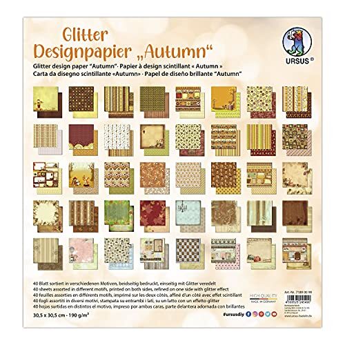 Ursus 71890099 Glitter Design Autumn, Mix met 40 vellen dubbelzijdig motiefpapier, 190 g/m², 30,5 x 30,5 cm, voor- en achterkant elk verschillend bedrukt, kleurrijk