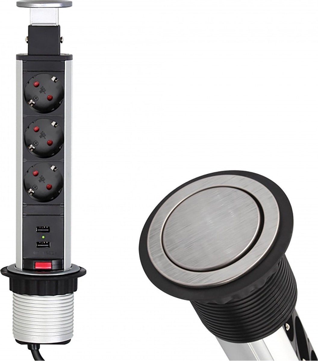 DESIGN LIGHT Verticale Stekkerdoos met USB - Pop up stekkerblok met 3 stopcontacten en 2 USB - Ø 60mm Inbouw Verdeelstekker met 1.8 meter kabel - Stekkerblok voor max. 3680 Watt - Zilver